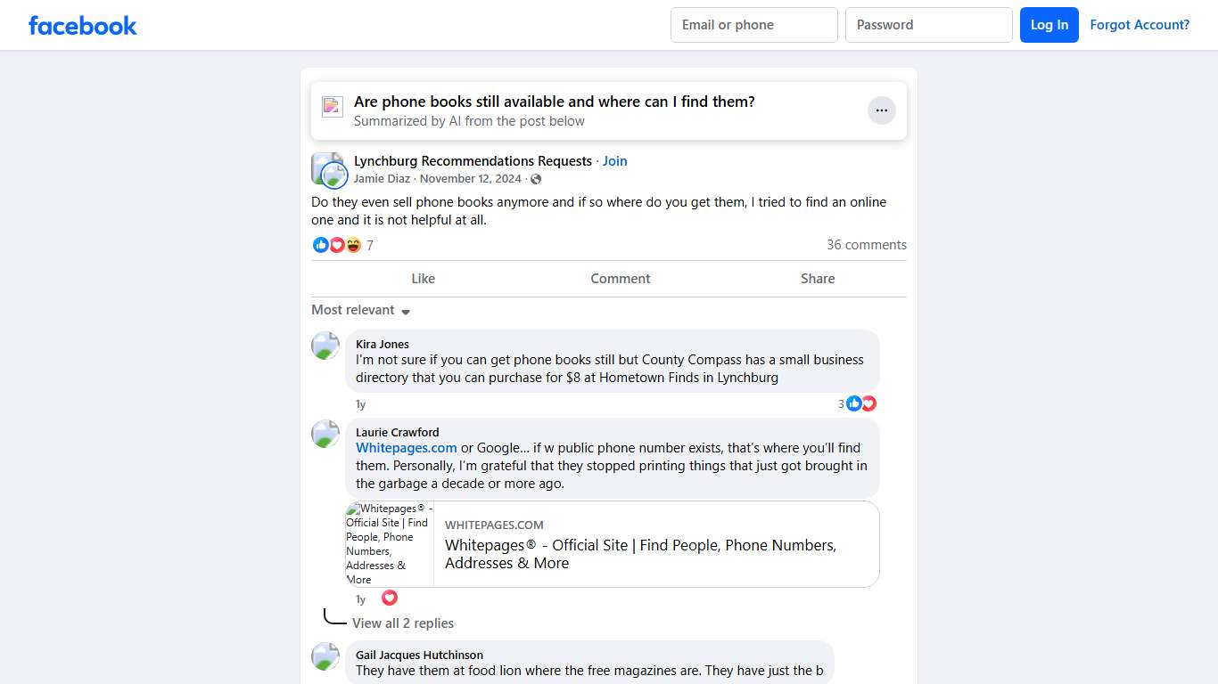 Lynchburg Recommendations Requests | Do they even sell phone books anymore and if so where do you get them, I tried to find an online one and it is not helpful at all. | Facebook